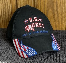 Vintage Hockey Hall Of Fame Museum Hat Adjustable American Flag Design Black Cap