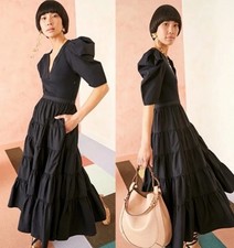 Ulla Johnson Cotton Poplin Rory Noir Puff Sleeve Tiered Midi Dress NEW Sz S