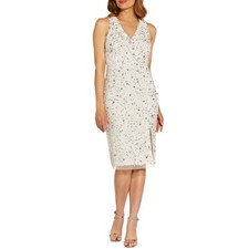 Adrianna Papell White & Silver Cocktail Dress Sequined Sleeveless Sheath Size 8