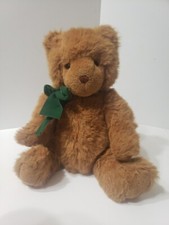 VINTAGE 1993 GUND SITTING BROWN TEDDY BEAR GREEN BOW STUFFED ANIMAL PLUSH TOY