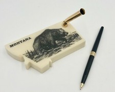 Vintage MONTANA GRIZZLY BEAR Pen Holder Marble Etched Desktop w/Pen Made in USA