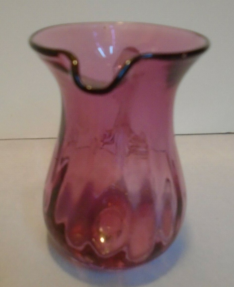 Pitcher Burgandy Hand Blown Glass, Clear Handle, 4" Tall 2.5" Across