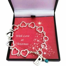 Birthstone Bracelet with Letter Charm, Christmas Gift Box. Initial, Woman, Girl