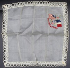 WW1 Era 1910's Edwardian Silk Embroidered Souvenir De France Handkerchief Hanky