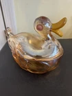 Vintage Jeanette Marigold Iridescent Carnival Glass Lidded Duck Dish