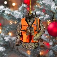 Personalized Hunting Ornament Hunter Vest Custom Name Ornament Wood Mica Plastic