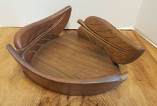 Vintage Solid Walnut Wood Display Bowl 3 1/8" tall x 8 3/4" wide Carved Leaves