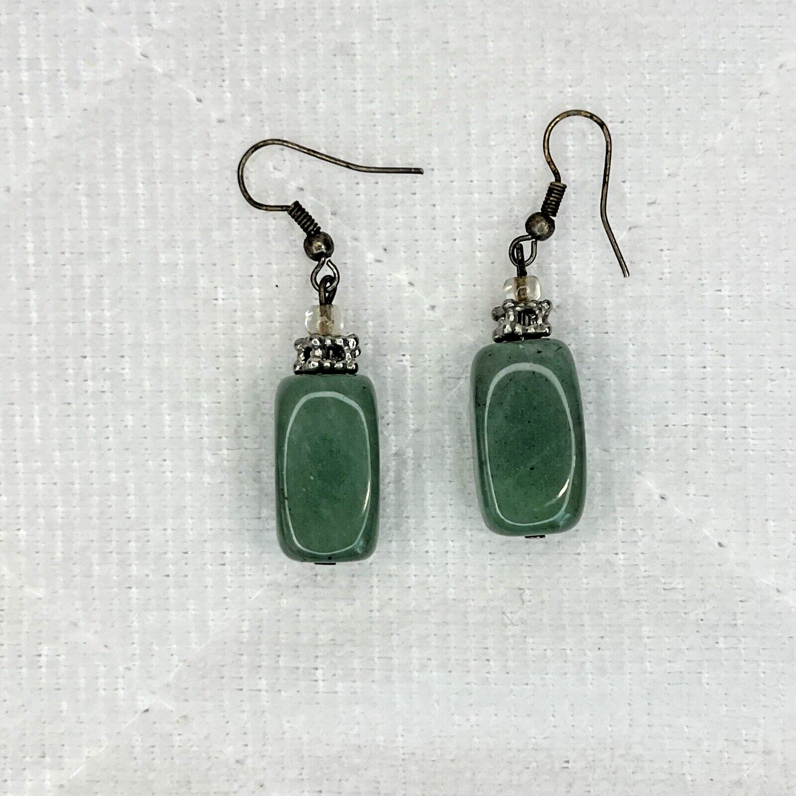 Jade rectangle Dangle Earrings Silver Tone Bead - image 3