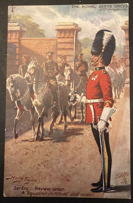KÜNSTLER SIGNIERT HARRY PAYNE DIE ROYAL SCOTS GREYS 2. DRAGOONS ''EINTRITT'' POSTKARTE