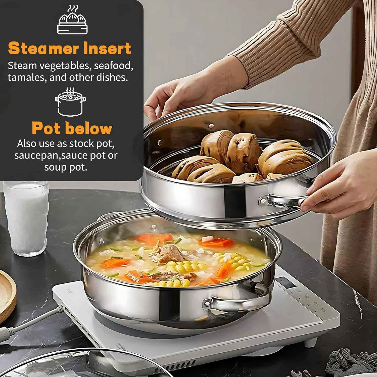 28cm Stainless Steel Steamer Pot with Ventilated Glass Lid - Ideal for Dumplings - Picture 5 of 10