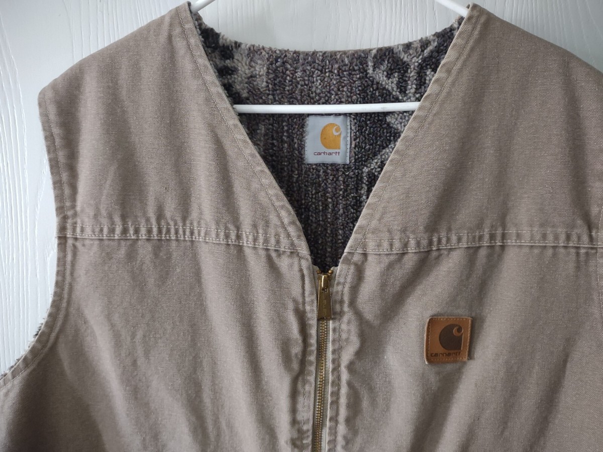 Vtg 90s Carhartt Vest Men's 3XL Tan Canvas Aztec Pattern Lined