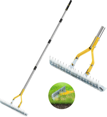 Thatch Rake, 15-Inch Steel Lawn Dethatcher with Handle, Heavy Duty Grass Cleanin