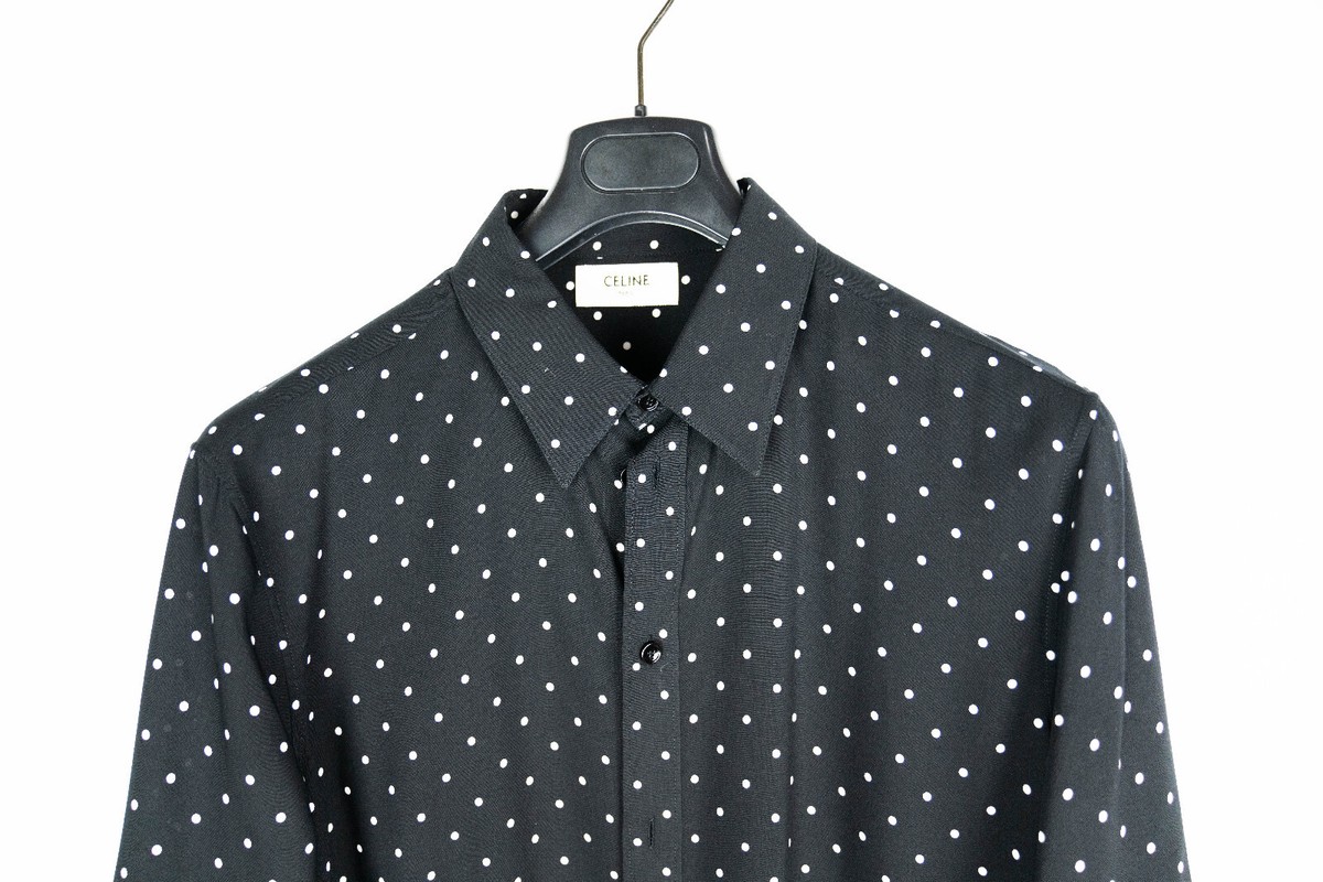 CELINE Paris Viscose Silk Black Draped Polka Dot Print Dress Shirt 41 New  $1,349 | eBay