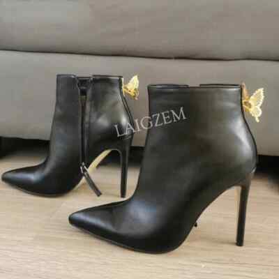 Women Ankle Boots Pointed Toe Back Zip Thin High Heels Handmade Short Boots Ladi