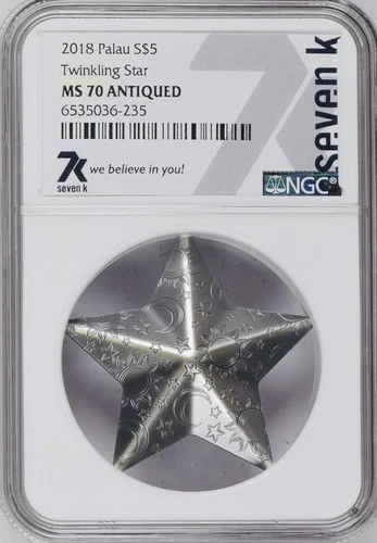 2018 7k Metals Silver Charms Twinkling Star Palau 1oz .999 Antiqued NGC MS70