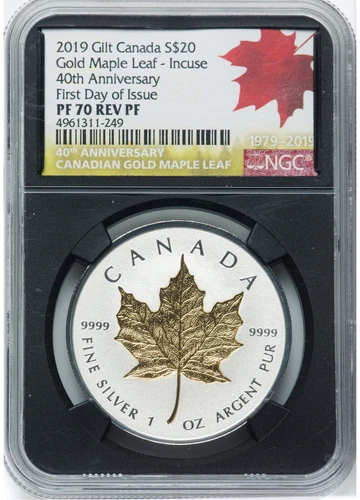 Canada, gilted silver, 40th Anniversary of the Gold Maple, 2019 PR/PF70 NGC