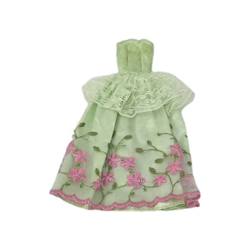 Vintage Barbie Doll Dress Lime Green w Pink Lace Full Length