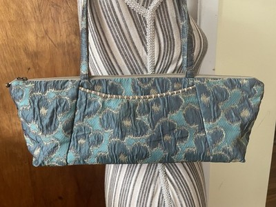 Maruca Millie Lu Teal & Beige Floral Textile Baguette Shoulder Bag, Handmade