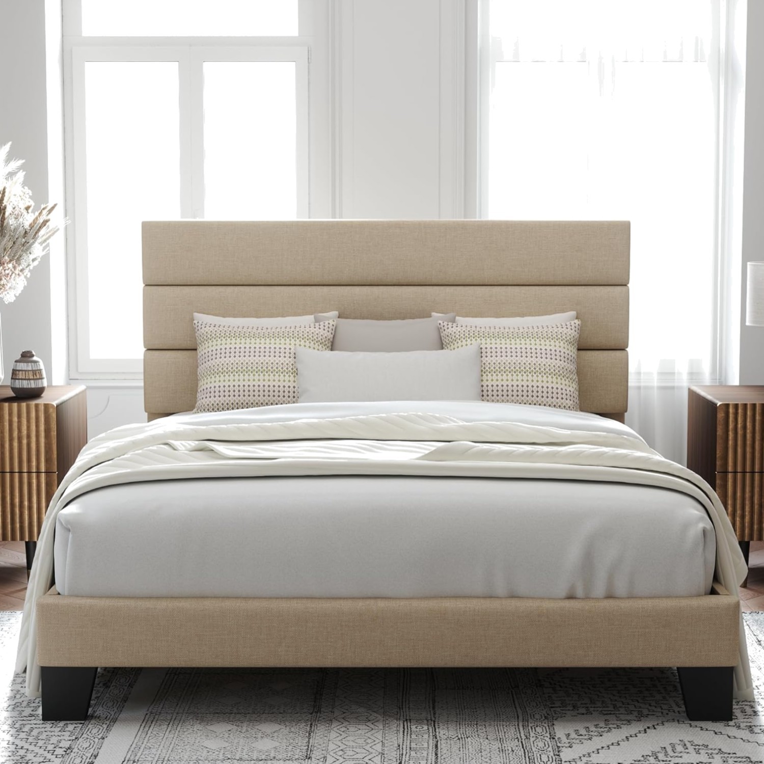 Upholstered Headboard Wooden Slats Support Nois...