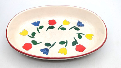 Vintage Tulip Baking Dish~Ceramic Platter~Casserole~Quiche~Hand Painted~80's