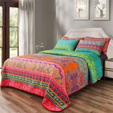 Colorful Bohemian Quilt Set Queen Size Boho Red Green Exotic Printed Bedsprea...