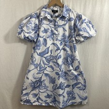 MSK Blue Floral Babydoll Puff Sleeve Coastal Feminine Dress Womens Size S