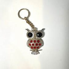 Vintage Style Silver Tone Owl Keychain with Red and Black Rhinestones Accessory