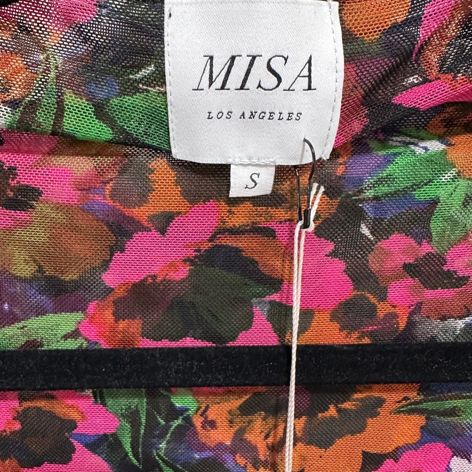 MISA Size S Los Angeles Marilyn Floral Ruched Midi Dress Jewel Tone Mesh Womens
