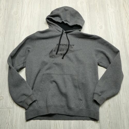 Nike Sweater Adult Large Gray Hooded Sweatshirt Spellout Swoosh Fleece Hoodie - Picture 1 of 8