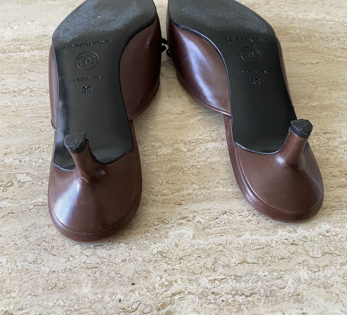 Vintage Chanel Brown Leather Bow Kitten Heel Mules 35 | eBay