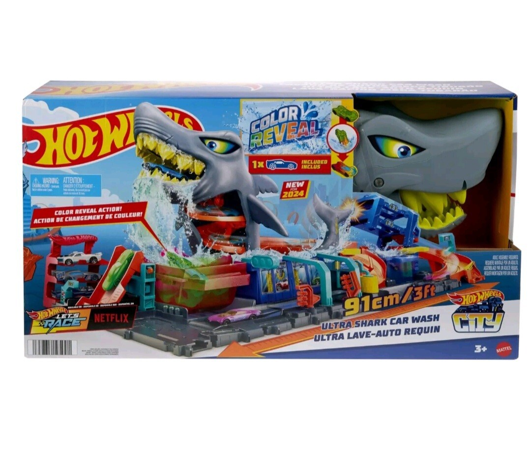 Hot Wheels City Ultra Shark Car Wash Playset with Color Reveal