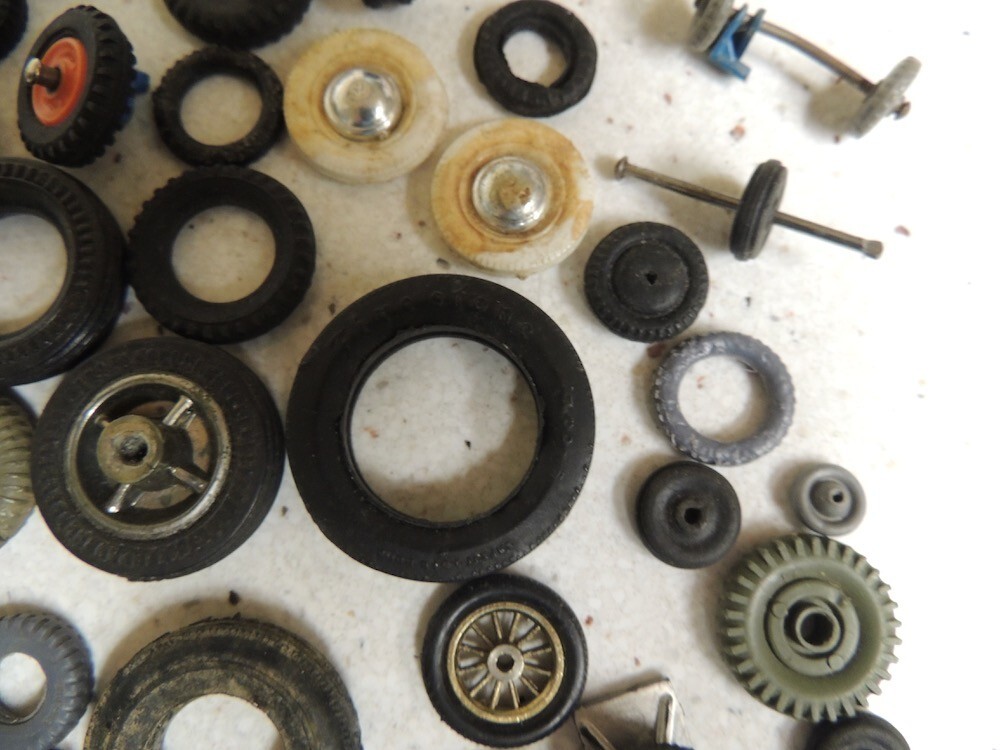 Vintage Huge Lot of Diecast Car Parts Tires, Axles, Wheels Plastic