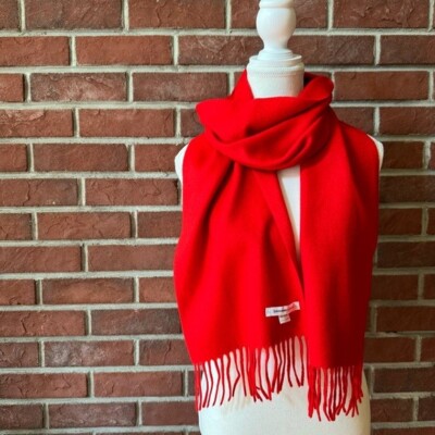  Johnstons Red 100% Cashmere Fringed Scarf 9.5 x74  Made in Scotland NWOT
