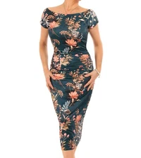 New Dark Teal Floral Ruched Pencil Dress - Fully Lined