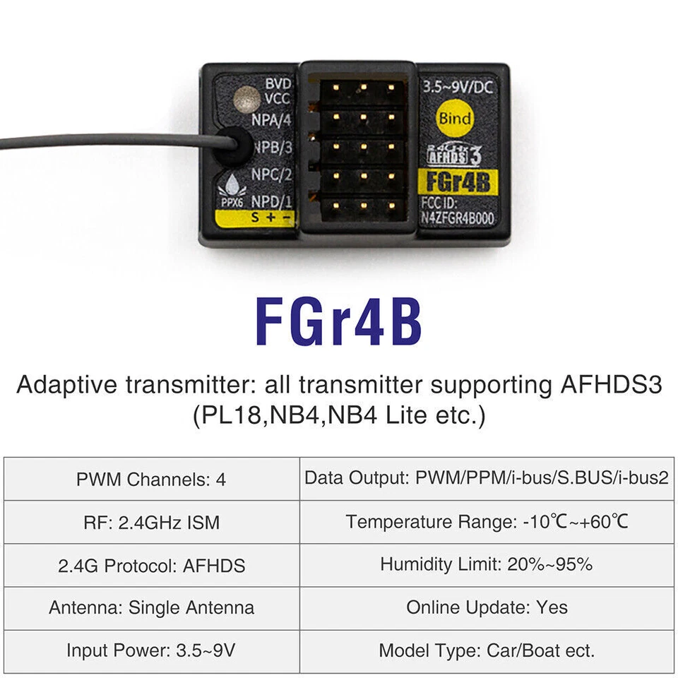 FlySky FGr4B 2.4G 4CH Receiver PWM/PPM/i-bus/S.BUS for PL18 NB4 Lite Transmitter - Image 4 of 4