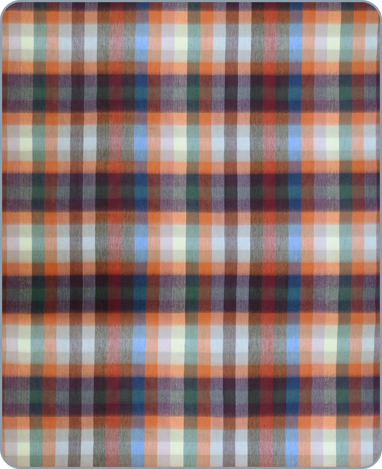 COZY CHECKER ALPACA WOOL BLANKET 96" x 66" MULTICOLOR PLAID IN ORANGE BLUE BROWN - Image 2 of 4