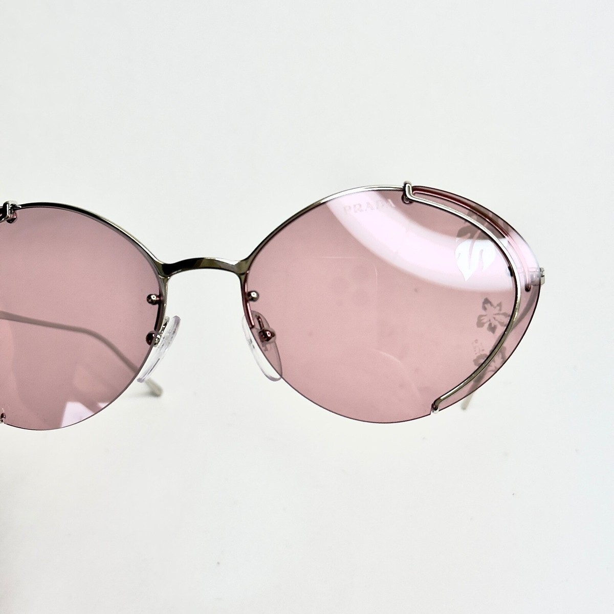 PRADA Oval Metal Sunglasses 60U Silver Pink Mirror Hibiscus Flower