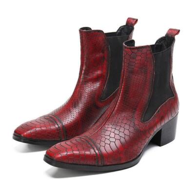 Snakeskin Pattern Men's Leather Chelsea Ankle Boots Mid Heel Shoes High Top Chic