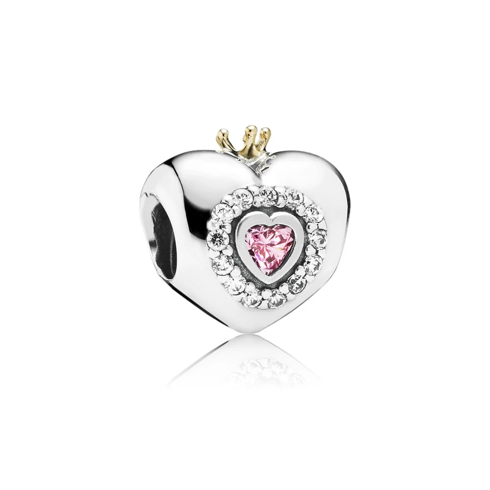Pandora Princess Sterling Silver Pink Heart CZ Charm w 14K Gold Crown 791375PCZ