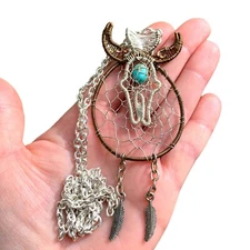 Wire Wrapped Buffalo Horn Skull Pendant Turquoise Dreamcatcher Jewelry For Him