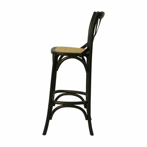 Hamptons Cross Back Bar Stool Birch American Oak Rattan Seat in Black - Picture 2 of 9