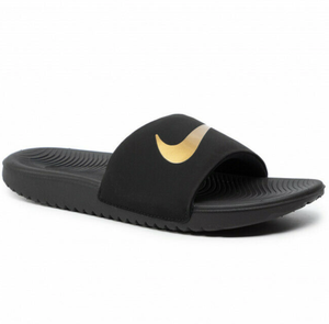 black and gold nike flip flops