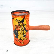 Vintage KIRCHHOF Halloween Tin Can Rattle Noisemaker w Witch Cat Clown Pumpkins