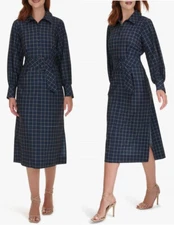 NWT CALVIN KLEIN Midi Shirtdress  Long Sleeve Windowpane Dark Navy/Beige Size 14