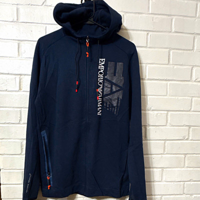 EA7 Emporio Armani Men's Blue Full Zip Logo Fleece Hoodie w/ Pockets M