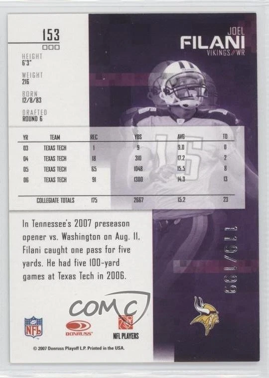 2007 Leaf Rookies & Stars Longevity Rookie Ruby /199 Joel Filani #153 RC - Image 2 of 2