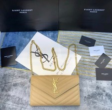 Saint Laurent YSL Monogram Quilted Chain Wallet, Beige, Women's
