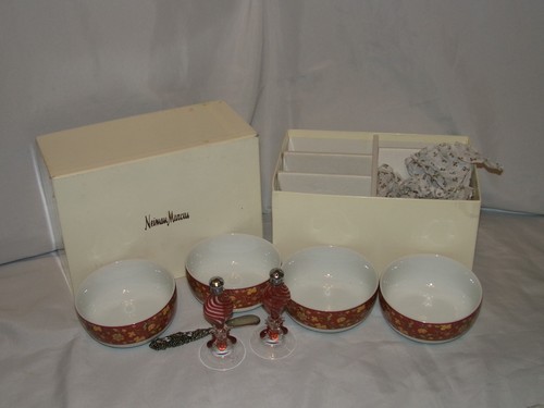 Neiman Marcus Empress Rose Brocade Schumacher Bowls/Glass Salt & Pepper Shakers