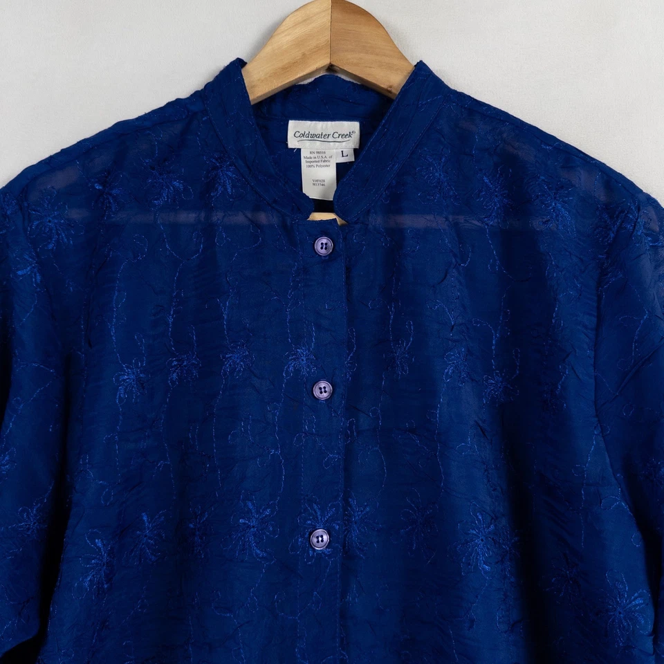 Camisa Blusa Coldwater Creek Talla Grande Azul Abotonada Floral Bordada Transparente Foto 2 de 4