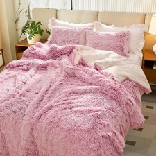 Luxury Faux Fur Shaggy Fluffy Comforter Set Full/Queen Size Mixed Old-Pink an...
